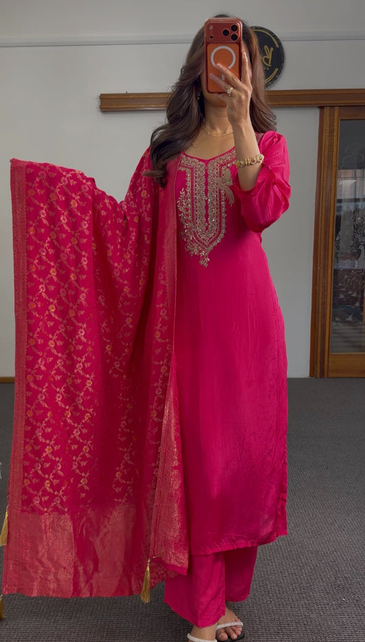Fuchsia crepe silk kurti set with gold zari neckline embroidery and matching floral jacquard dupatta — Behuli Australia