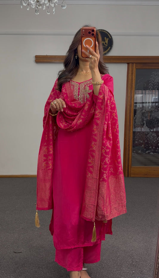 Fuchsia crepe silk kurti set with gold zari neckline embroidery and matching floral jacquard dupatta — Behuli Australia — view 2