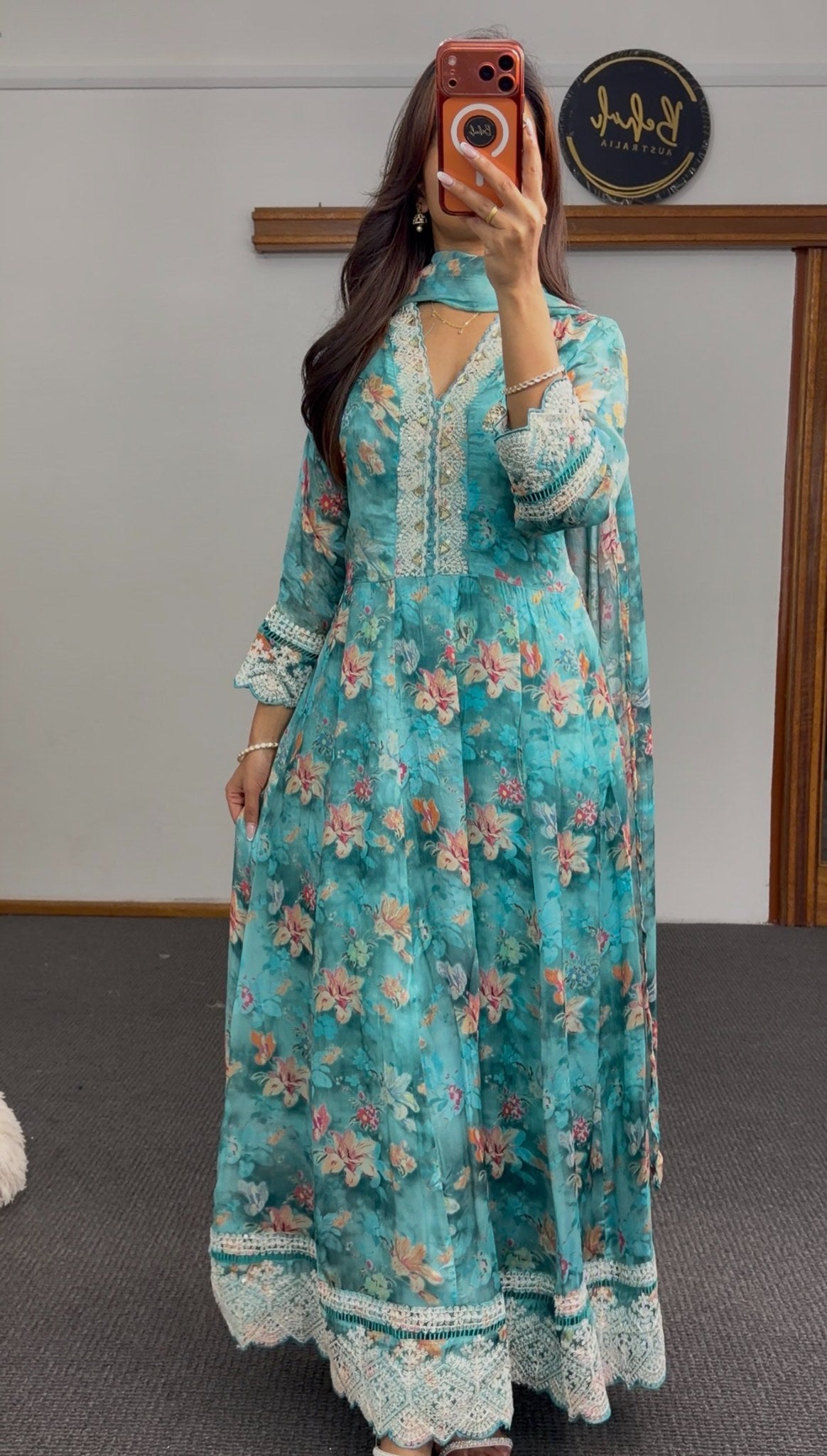 Teal floral Anarkali dress with ivory crochet lace trim, V-neckline and attached sheer dupatta — Behuli Australia