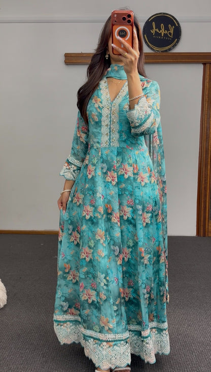 Teal floral Anarkali dress with ivory crochet lace trim, V-neckline and attached sheer dupatta — Behuli Australia