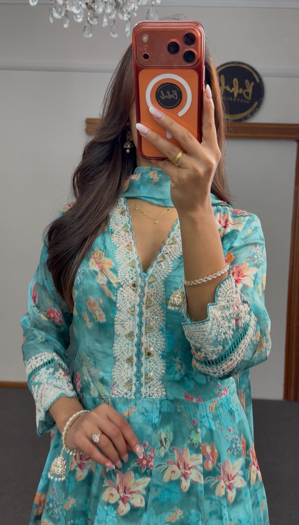 Teal floral Anarkali dress with ivory crochet lace trim, V-neckline and attached sheer dupatta — Behuli Australia — view 3