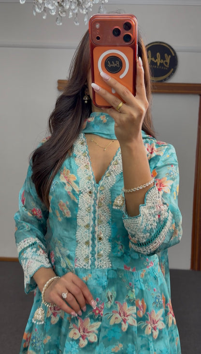 Teal floral Anarkali dress with ivory crochet lace trim, V-neckline and attached sheer dupatta — Behuli Australia — view 3