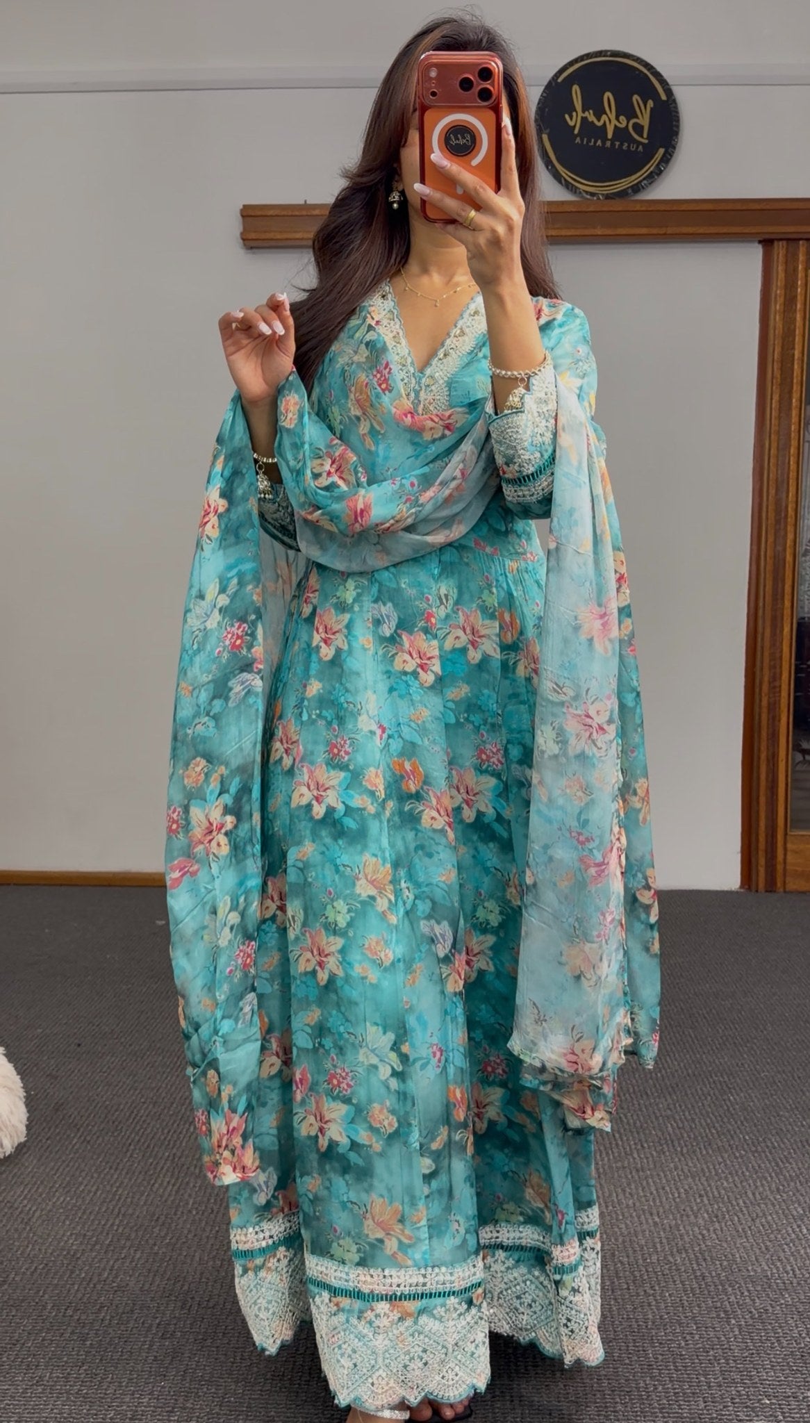 Teal floral Anarkali dress with ivory crochet lace trim, V-neckline and attached sheer dupatta — Behuli Australia — view 4