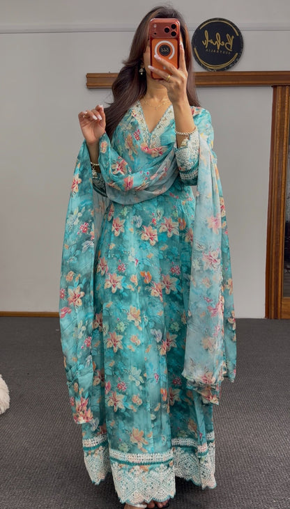 Teal floral Anarkali dress with ivory crochet lace trim, V-neckline and attached sheer dupatta — Behuli Australia — view 4