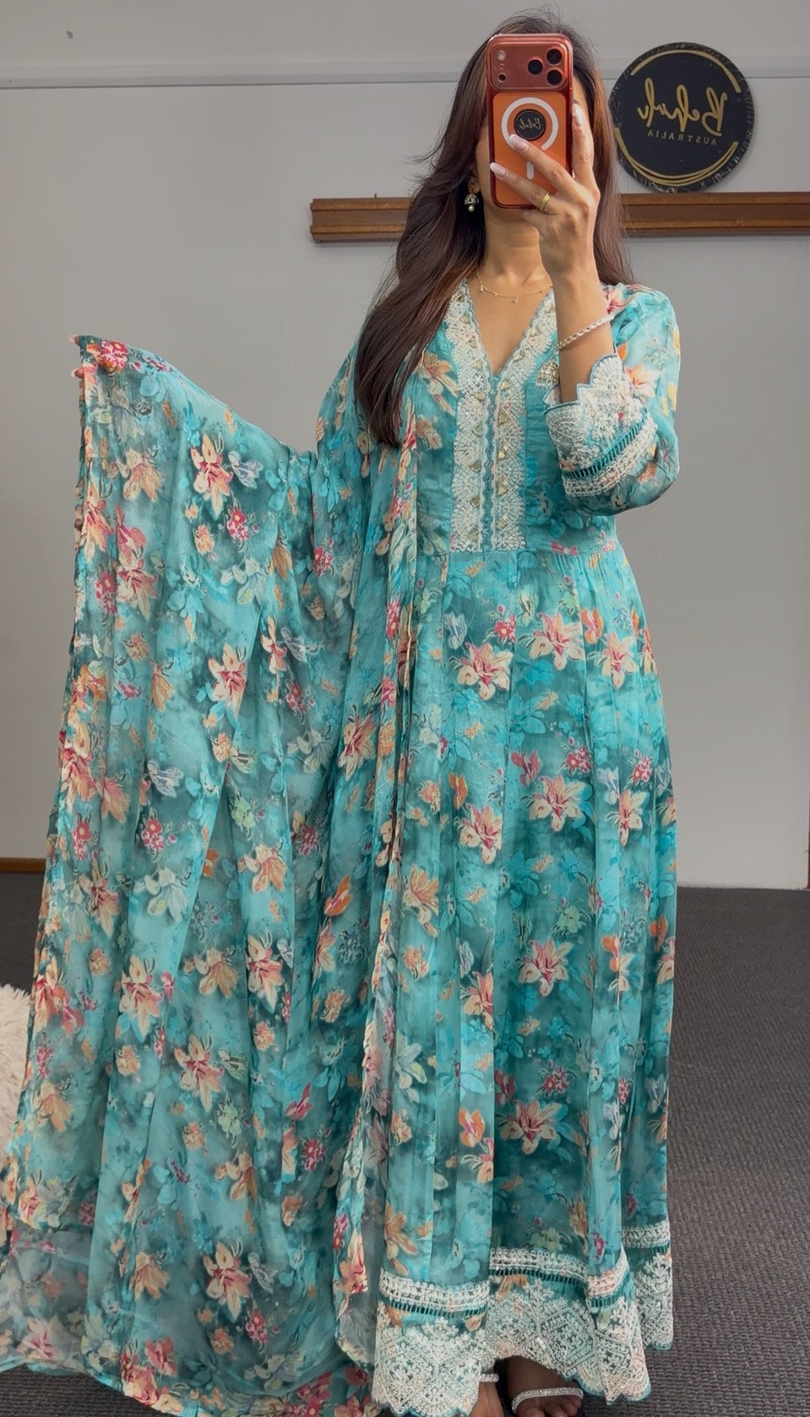 Teal floral Anarkali dress with ivory crochet lace trim, V-neckline and attached sheer dupatta — Behuli Australia — view 5