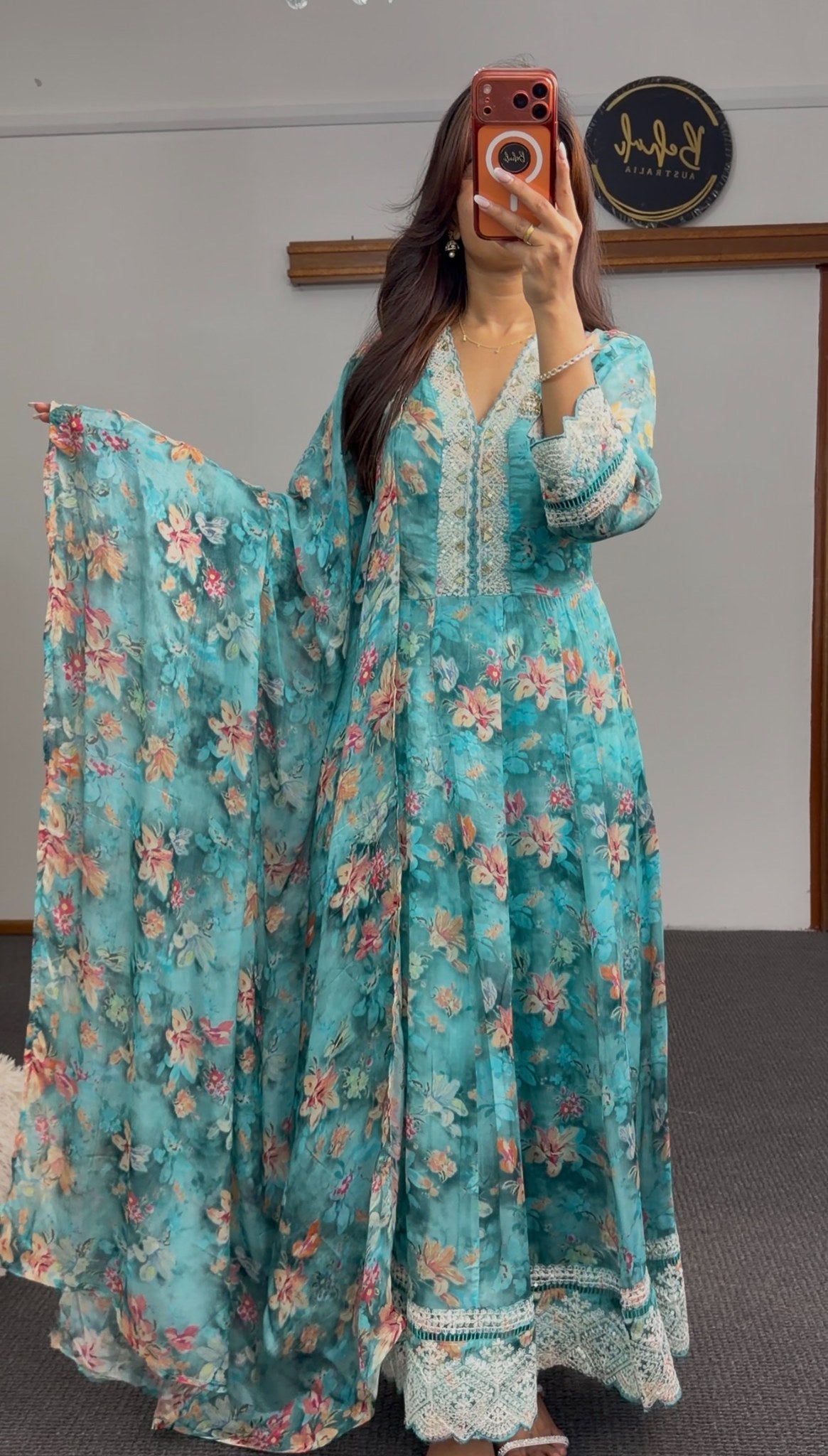 Teal floral Anarkali dress with ivory crochet lace trim, V-neckline and attached sheer dupatta — Behuli Australia — view 6