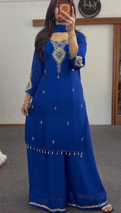 Cobalt blue palazzo suit set with gold embroidery, mirror detailing and pearl-beaded hemline — Behuli Australia