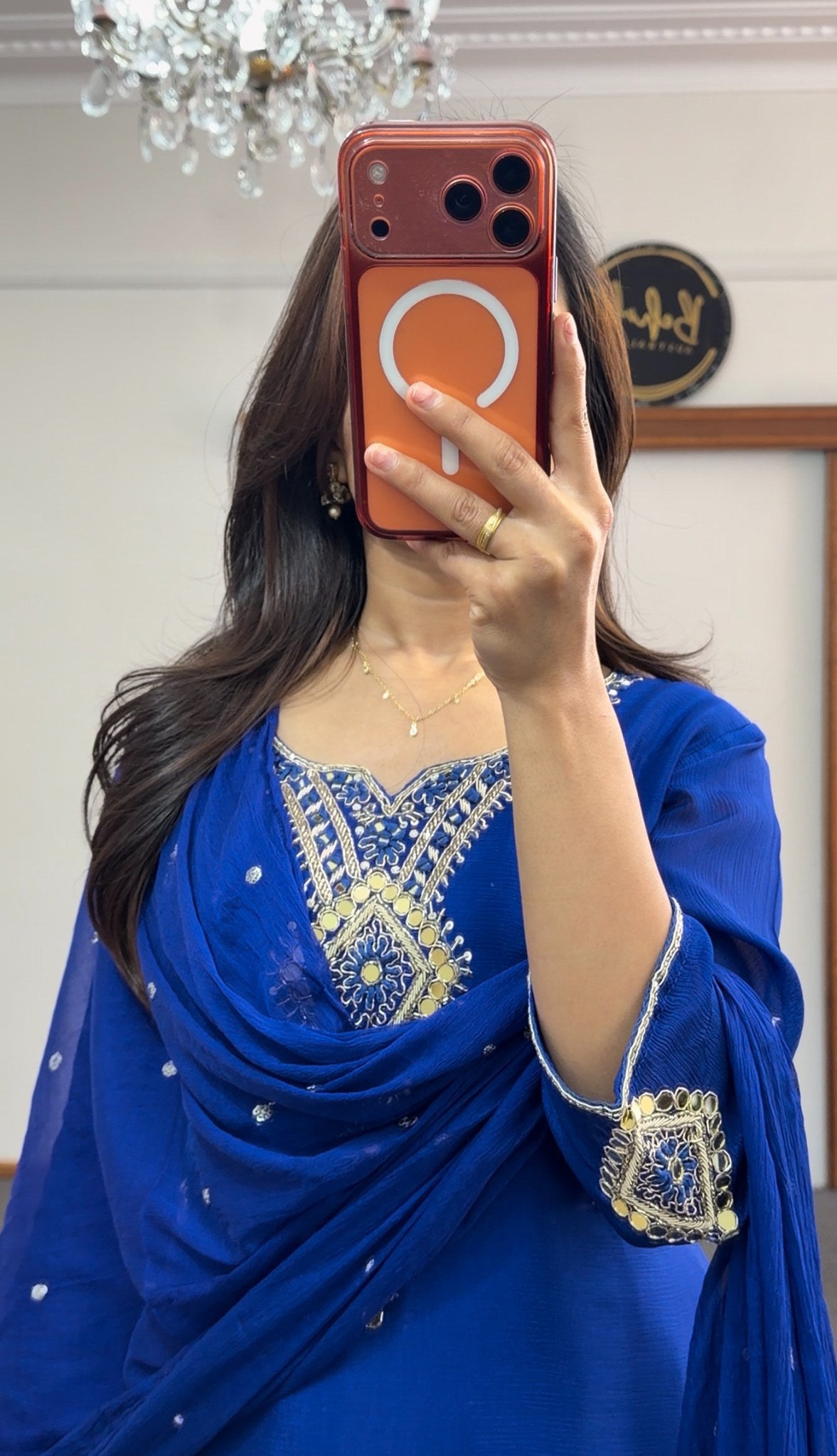 Cobalt blue palazzo suit set with gold embroidery, mirror detailing and pearl-beaded hemline — Behuli Australia — view 2