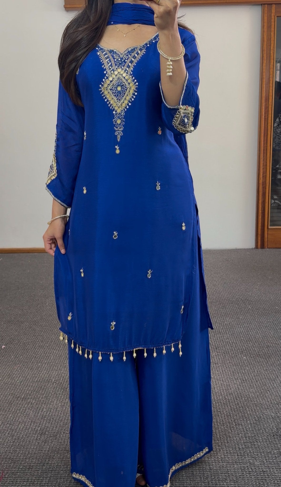 Cobalt blue palazzo suit set with gold embroidery, mirror detailing and pearl-beaded hemline — Behuli Australia — view 3