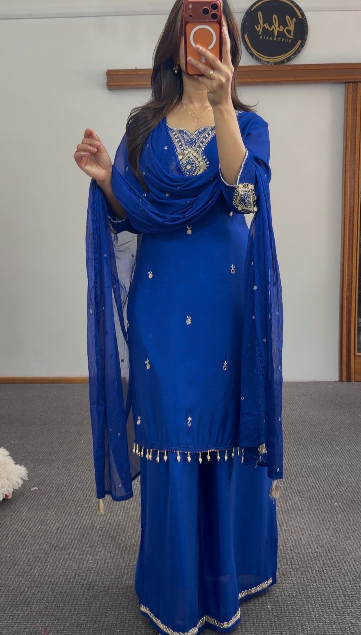 Cobalt blue palazzo suit set with gold embroidery, mirror detailing and pearl-beaded hemline — Behuli Australia — view 4