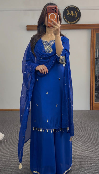 Cobalt blue palazzo suit set with gold embroidery, mirror detailing and pearl-beaded hemline — Behuli Australia — view 5