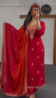 Red Zari-style Dola Silk Kurti Set