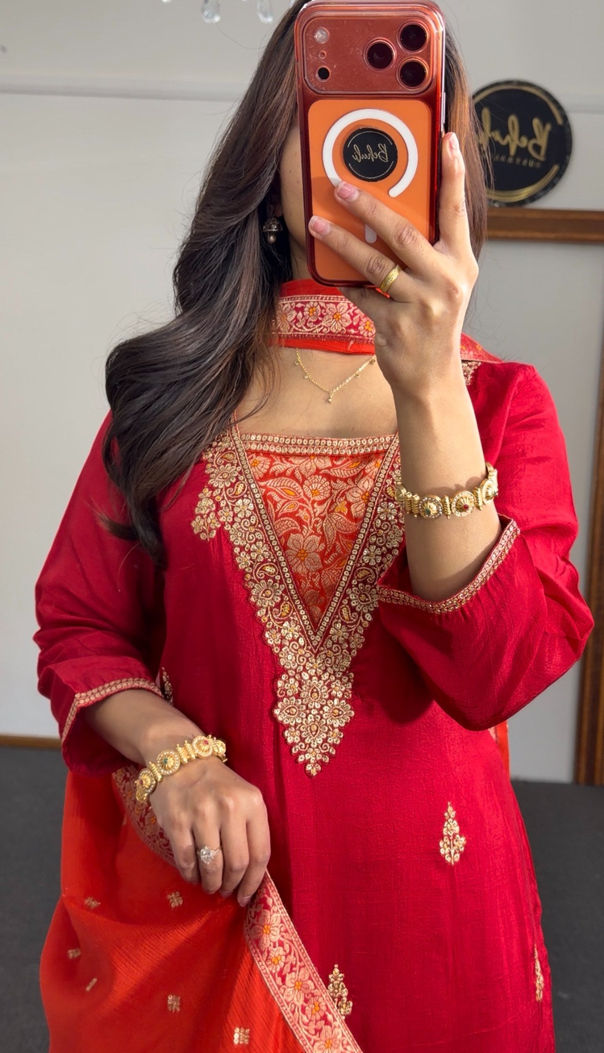 Red kurti set with gold embroidered neckline, floral motifs, and contrast orange-red dupatta — Behuli Australia — view 2