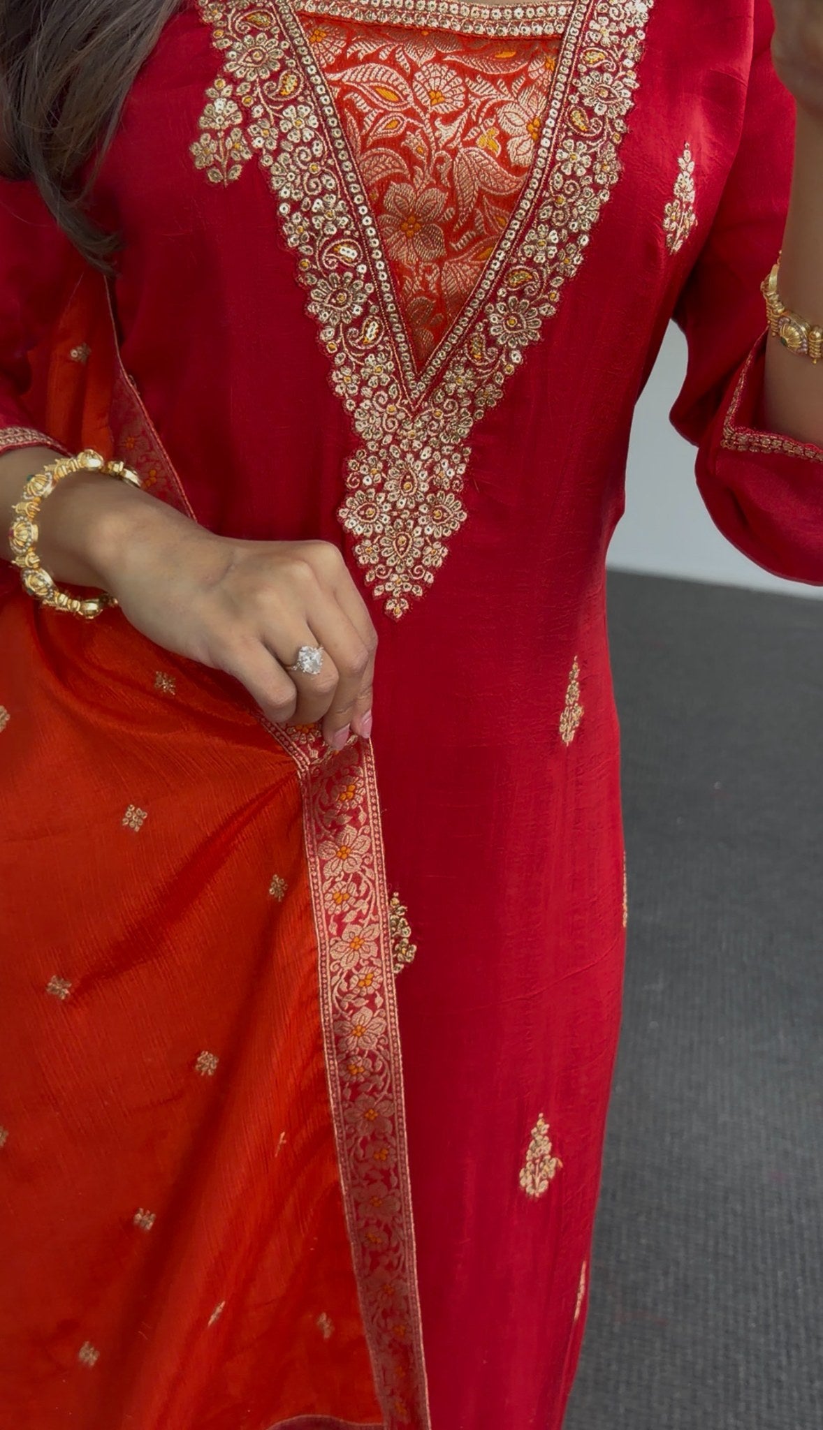 Red kurti set with gold embroidered neckline, floral motifs, and contrast orange-red dupatta — Behuli Australia — view 3