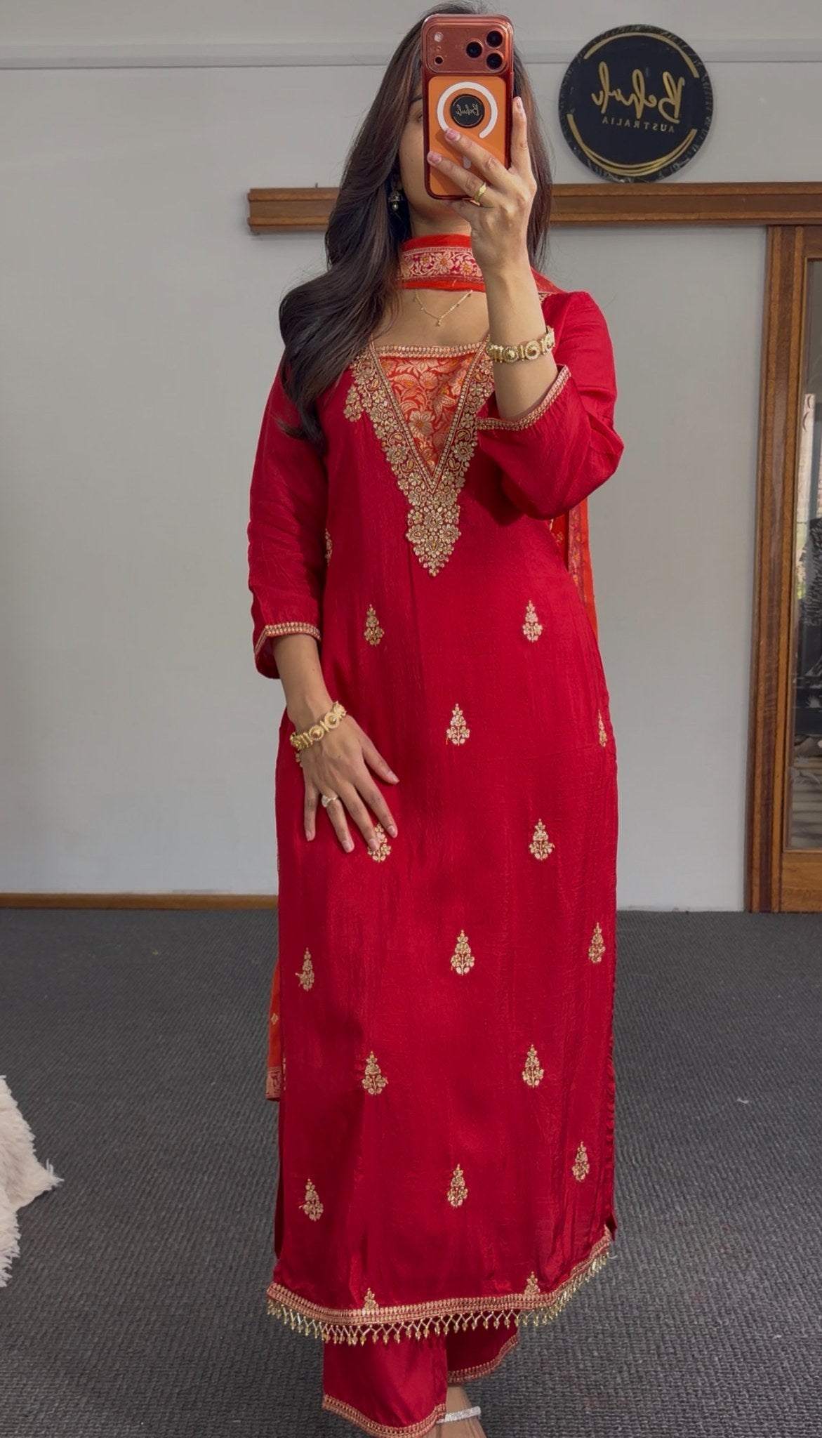 Red kurti set with gold embroidered neckline, floral motifs, and contrast orange-red dupatta — Behuli Australia — view 4
