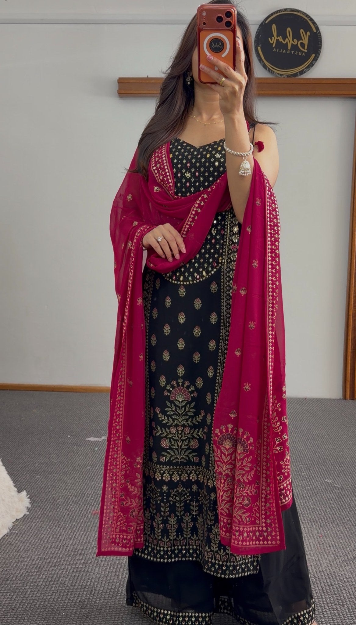 Black palazzo suit set with gold floral embroidery, mirror detailing, and fuchsia embroidered dupatta — Behuli Australia — view 2