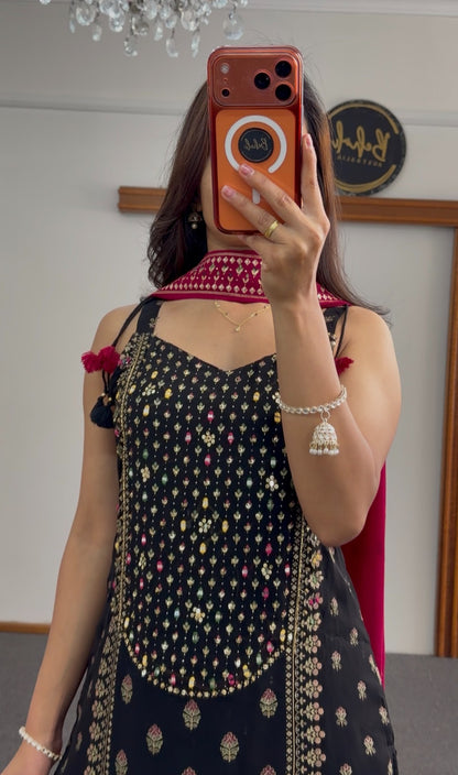 Black palazzo suit set with gold floral embroidery, mirror detailing, and fuchsia embroidered dupatta — Behuli Australia — view 3