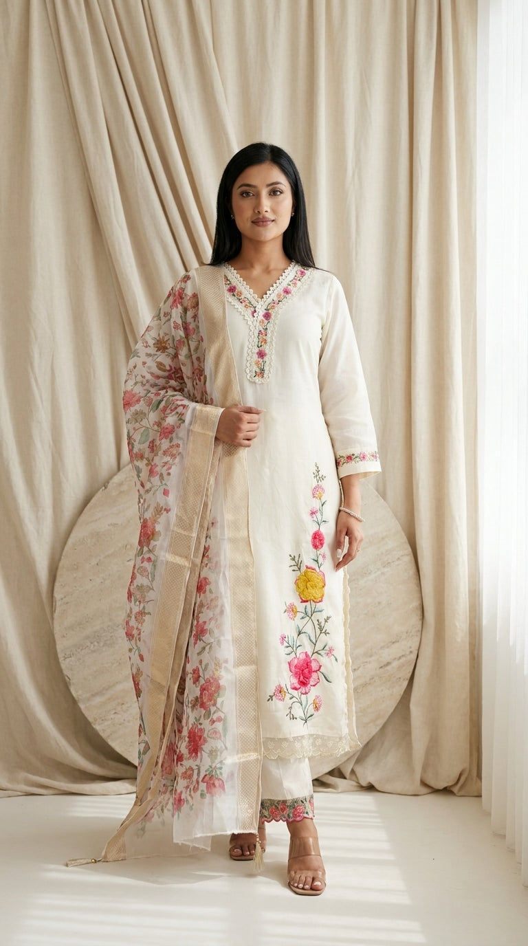 Ivory kurti set with multicolour floral embroidery, lace trim neckline, and floral printed dupatta with gold border — Behuli