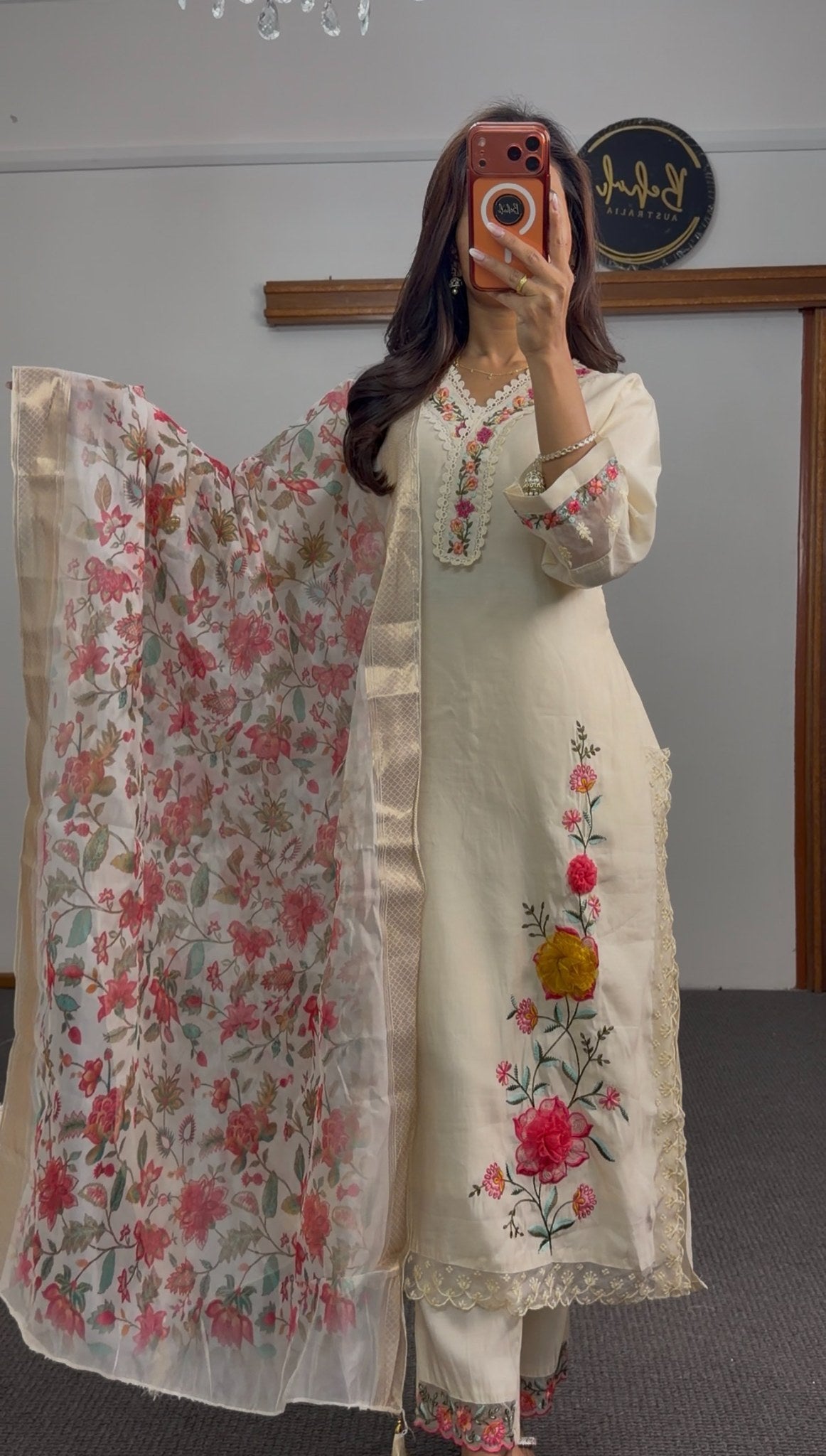 Ivory kurti set with multicolour floral embroidery, lace trim neckline, and floral printed dupatta with gold border — Behuli — view 2