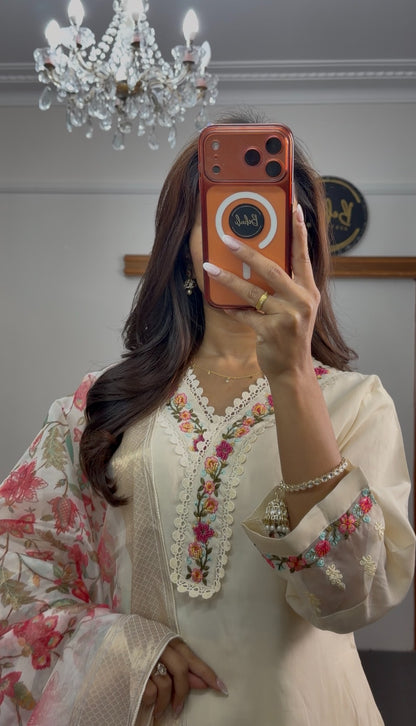 Ivory kurti set with multicolour floral embroidery, lace trim neckline, and floral printed dupatta with gold border — Behuli — view 3
