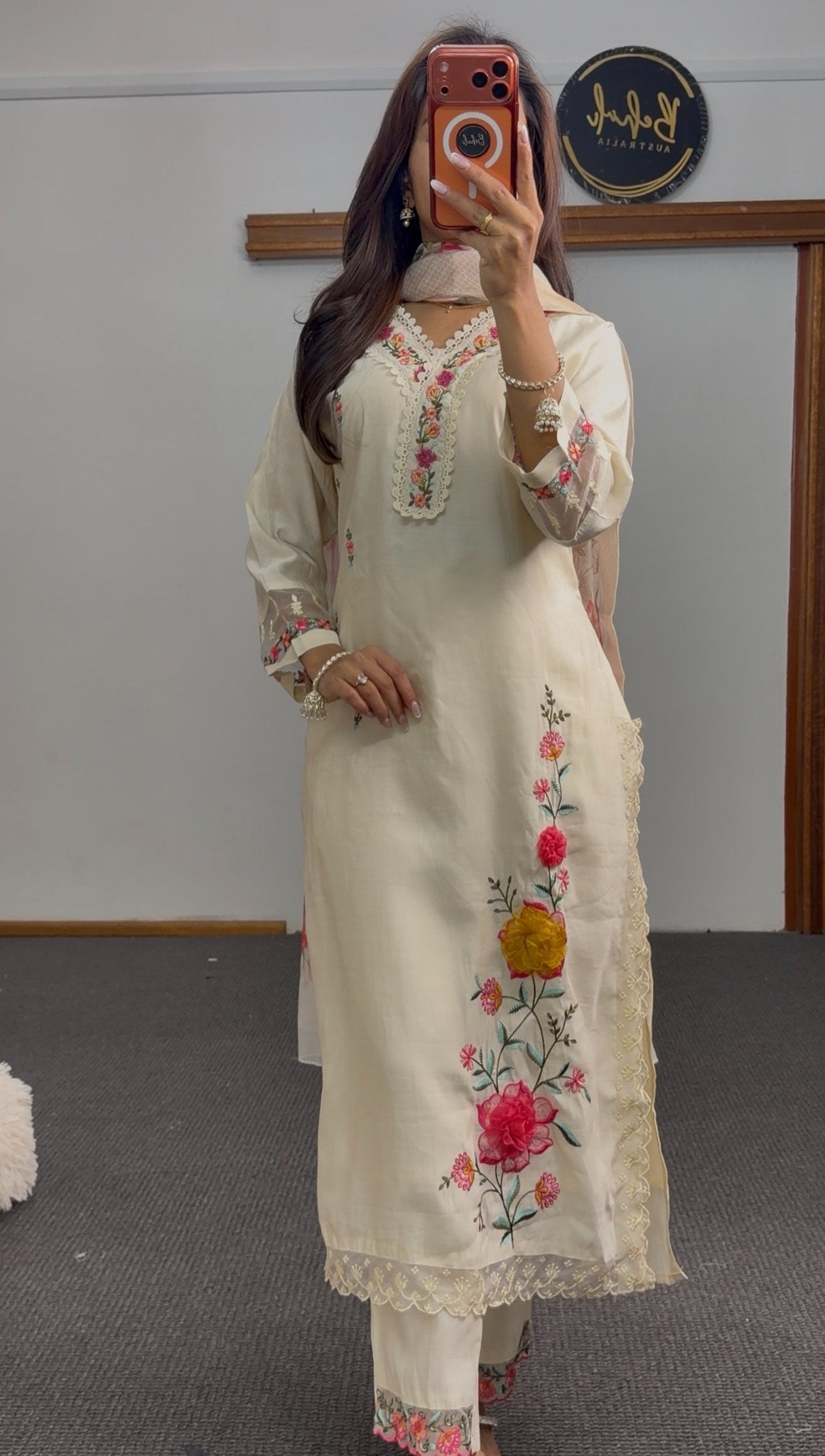 Ivory kurti set with multicolour floral embroidery, lace trim neckline, and floral printed dupatta with gold border — Behuli — view 4