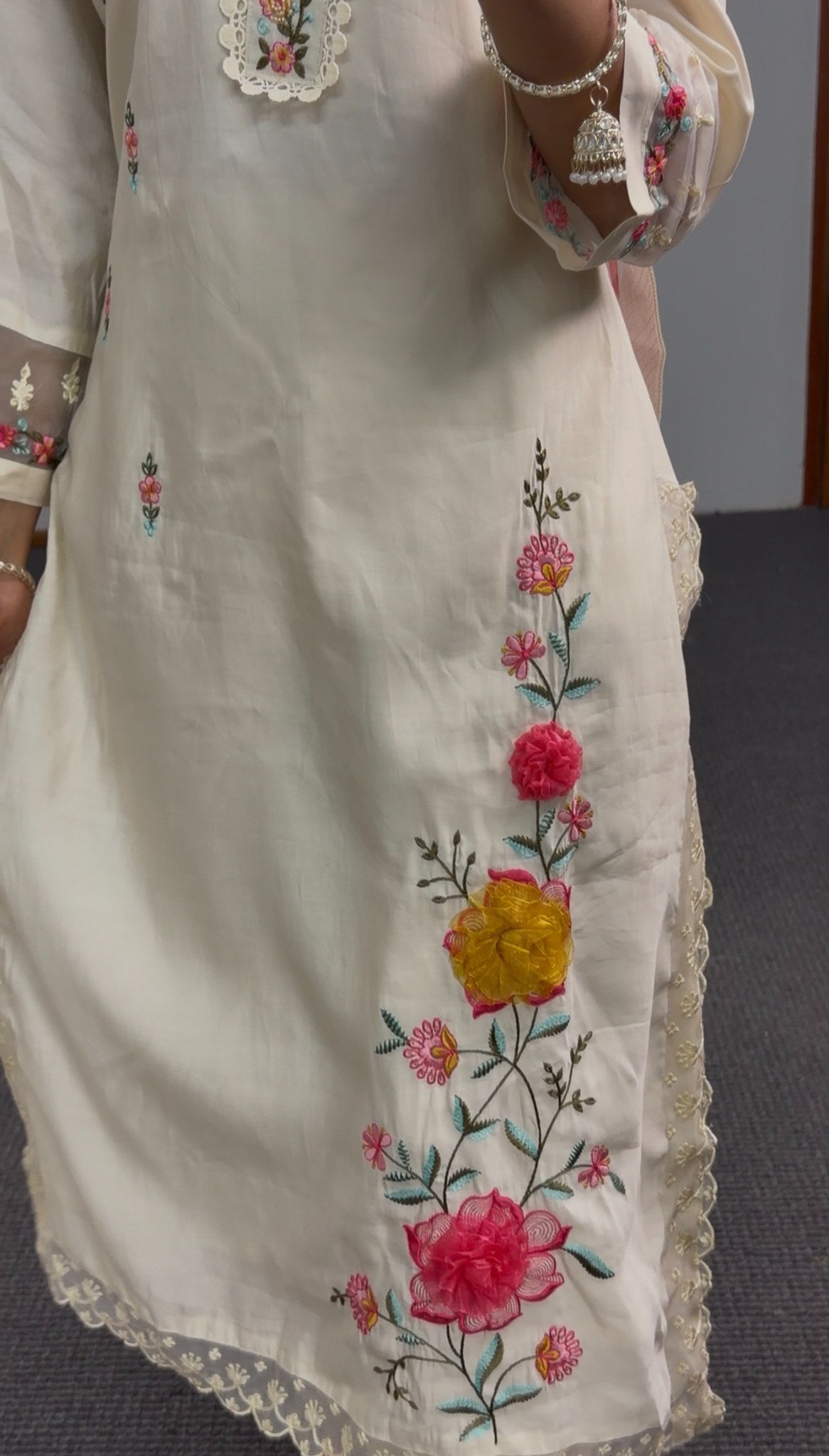 Ivory kurti set with multicolour floral embroidery, lace trim neckline, and floral printed dupatta with gold border — Behuli — view 5