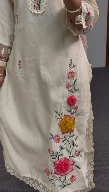 Ivory kurti set with multicolour floral embroidery, lace trim neckline, and floral printed dupatta with gold border — Behuli — view 5