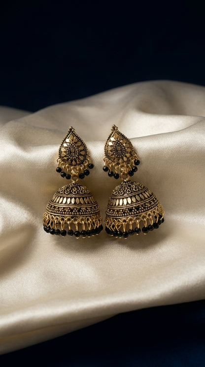 Antique gold dome jhumka earrings with engraved teardrop stud and black bead fringe drops — Behuli Australia