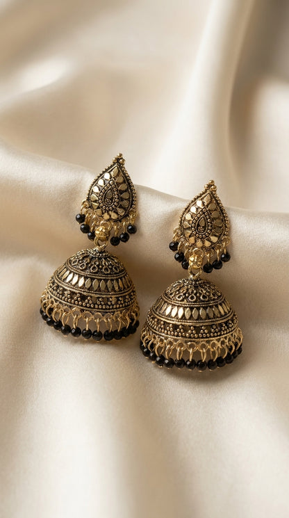 Antique gold dome jhumka earrings with engraved teardrop stud and black bead fringe drops — Behuli Australia — view 2