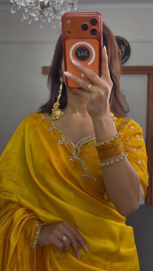 Mustard yellow saree with silver floral embroidery border and matching embellished blouse — Behuli Australia — view 2