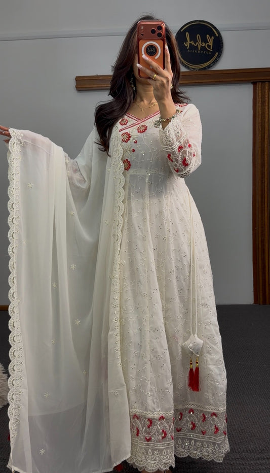 Ivory Anarkali set with white shadow embroidery, red floral motifs, scalloped dupatta and tassel accents — Behuli Australia