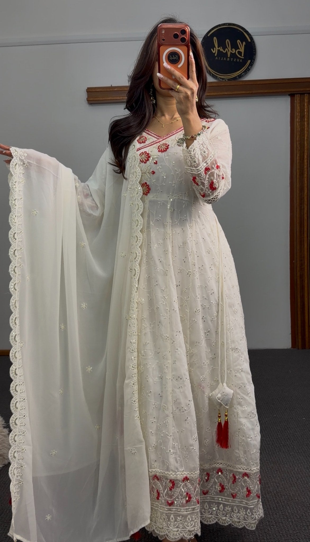 Ivory Anarkali set with white shadow embroidery, red floral motifs, scalloped dupatta and tassel accents — Behuli Australia