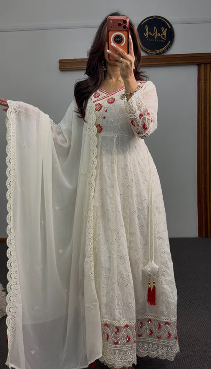 Ivory Anarkali set with white shadow embroidery, red floral motifs, scalloped dupatta and tassel accents — Behuli Australia