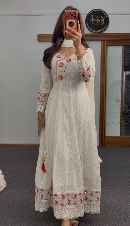 Ivory Anarkali set with white shadow embroidery, red floral motifs, scalloped dupatta and tassel accents — Behuli Australia — view 2