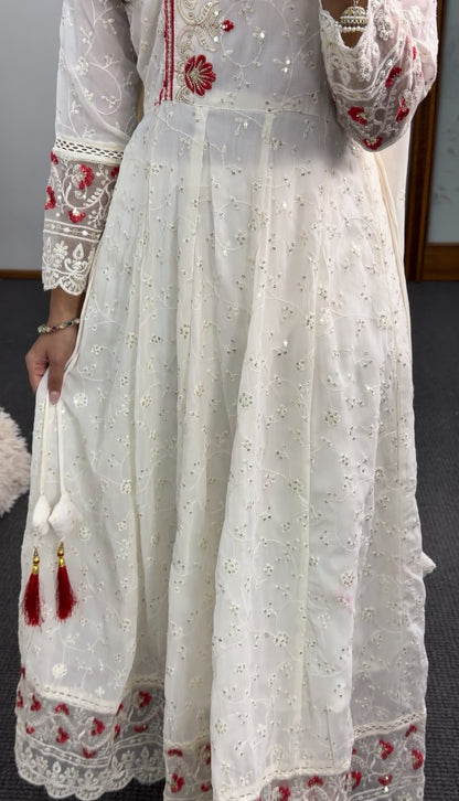 Ivory Anarkali set with white shadow embroidery, red floral motifs, scalloped dupatta and tassel accents — Behuli Australia — view 4