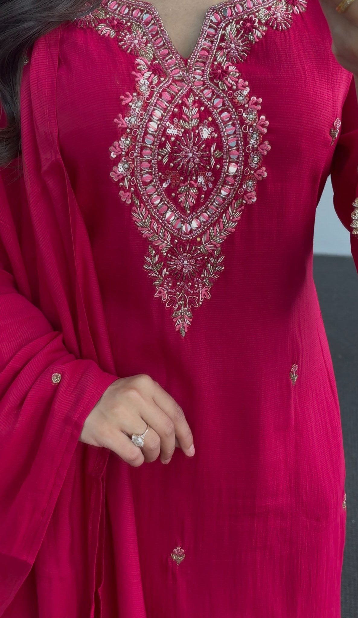Fuchsia kurti set with sequin embroidered neckline, floral motif dupatta and matching palazzo pants — Behuli Australia — view 2