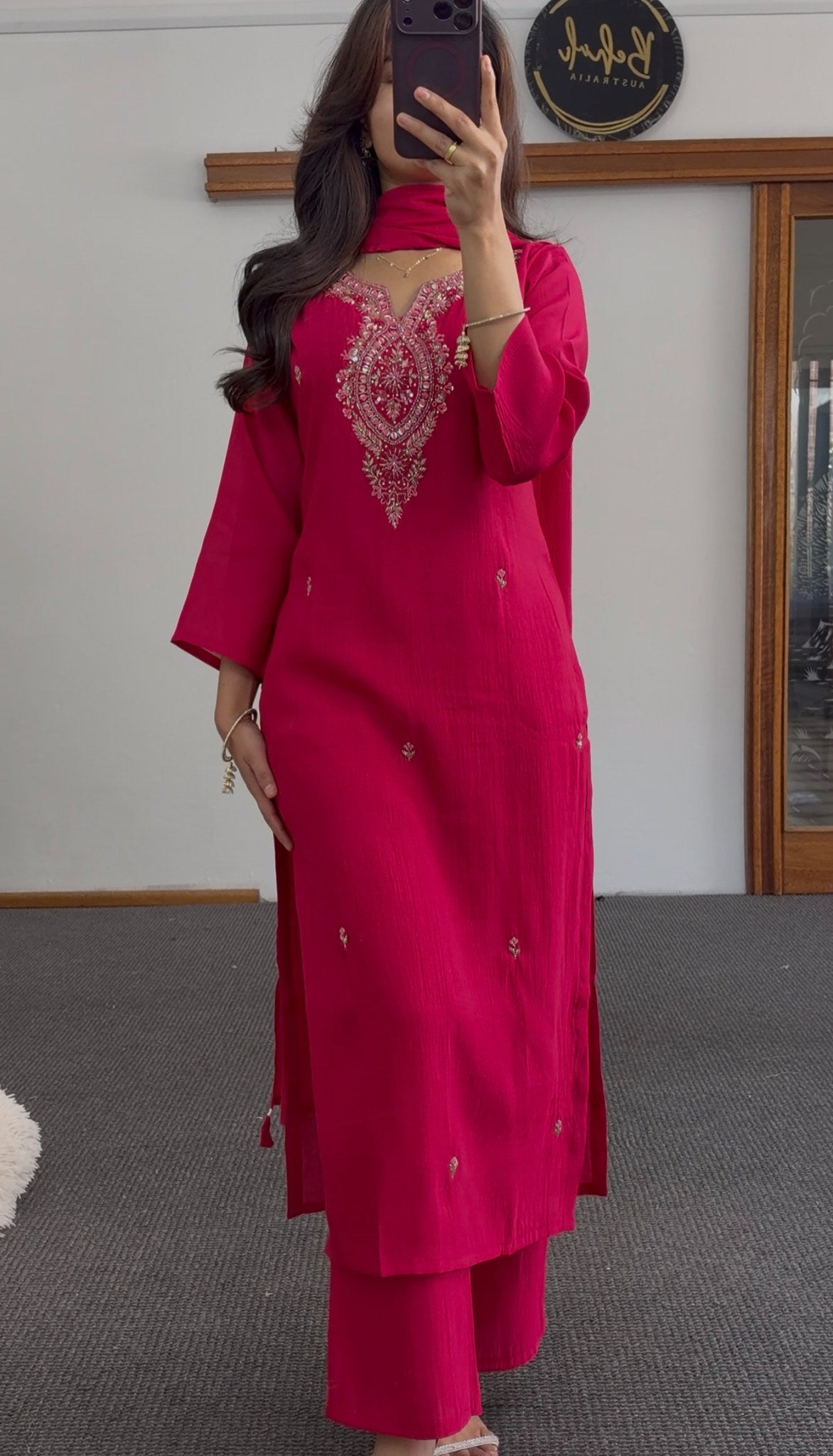 Fuchsia kurti set with sequin embroidered neckline, floral motif dupatta and matching palazzo pants — Behuli Australia — view 4