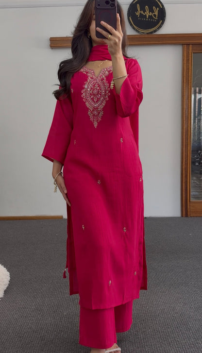 Fuchsia kurti set with sequin embroidered neckline, floral motif dupatta and matching palazzo pants — Behuli Australia — view 4
