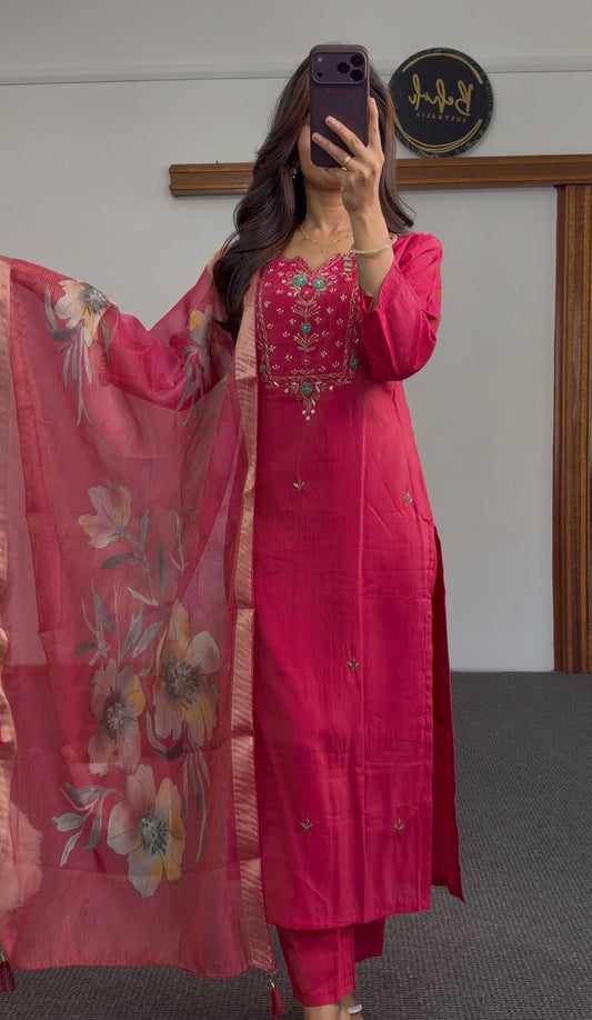 Pink kurti set with embroidered neckline, turquoise accents and floral-printed dupatta — Behuli Australia