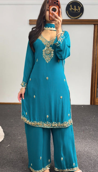 Teal kurti set with gold embroidery at neckline and hem, paired with matching palazzo pants and dupatta — Behuli Australia