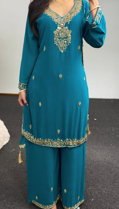 Teal kurti set with gold embroidery at neckline and hem, paired with matching palazzo pants and dupatta — Behuli Australia — view 2