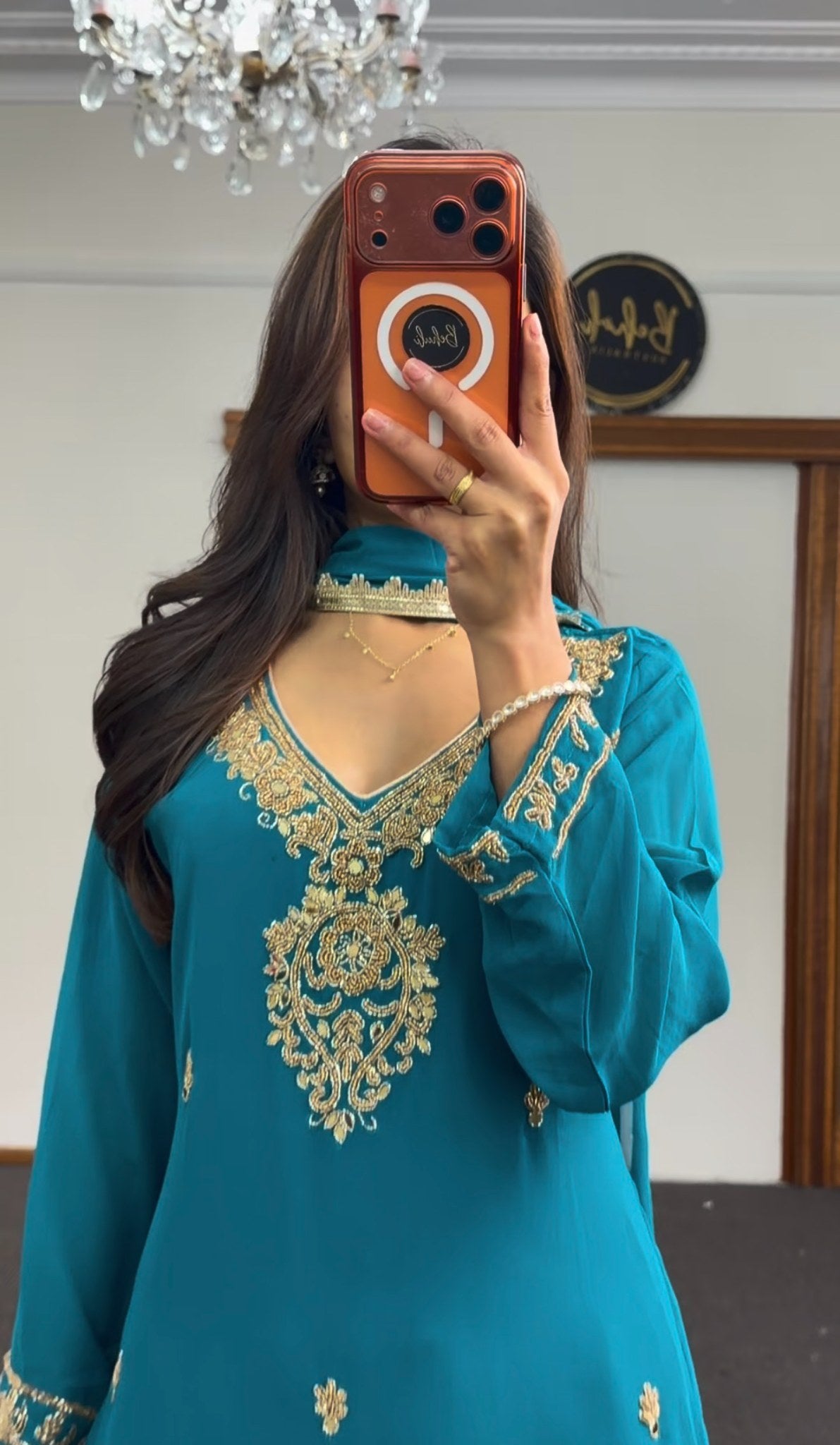 Teal kurti set with gold embroidery at neckline and hem, paired with matching palazzo pants and dupatta — Behuli Australia — view 3