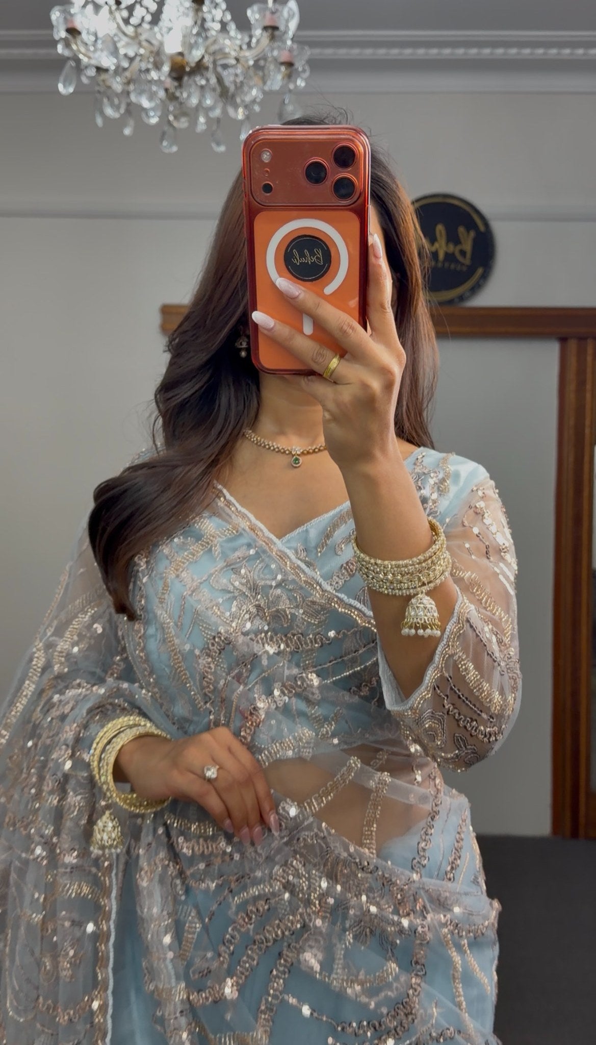 Powder blue net saree with silver-gold sequin embroidery and matching full-sleeve blouse — Behuli Australia — view 2