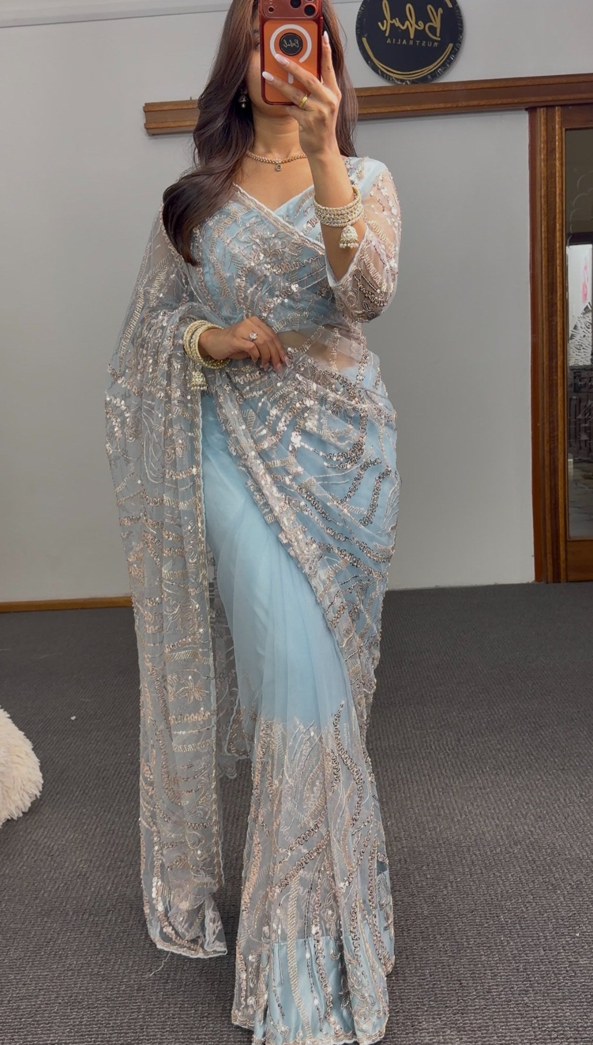 Powder blue net saree with silver-gold sequin embroidery and matching full-sleeve blouse — Behuli Australia — view 3