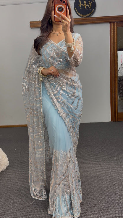 Powder blue net saree with silver-gold sequin embroidery and matching full-sleeve blouse — Behuli Australia — view 3