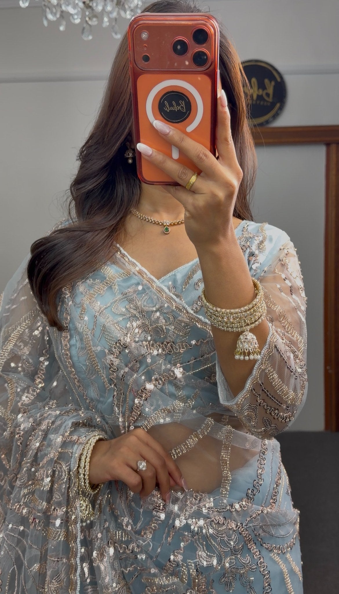 Powder blue net saree with silver-gold sequin embroidery and matching full-sleeve blouse — Behuli Australia — view 4