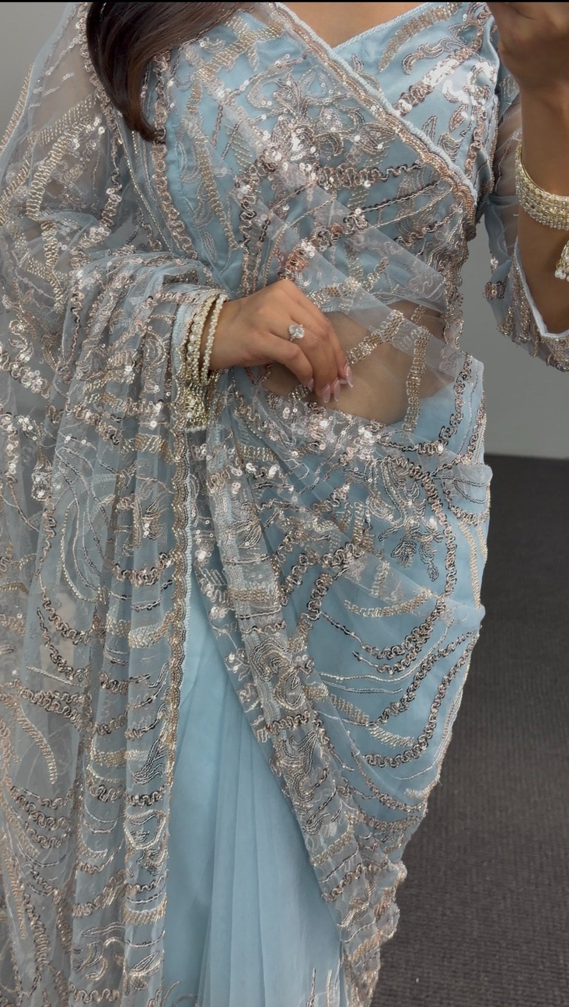 Powder blue net saree with silver-gold sequin embroidery and matching full-sleeve blouse — Behuli Australia — view 5