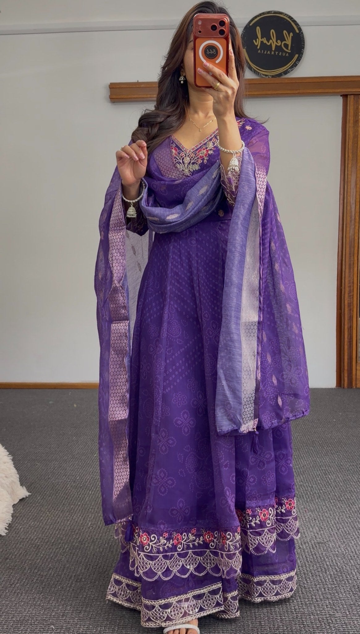 Purple Anarkali set with floral embroidery, scalloped hem detailing and matching printed dupatta — Behuli Australia