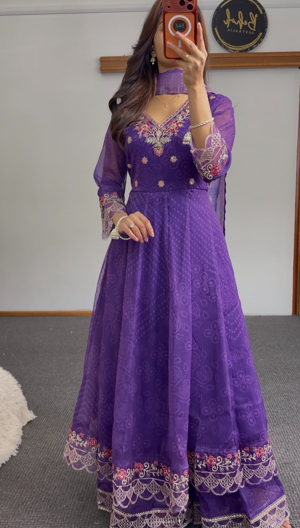 Purple Anarkali set with floral embroidery, scalloped hem detailing and matching printed dupatta — Behuli Australia — view 4