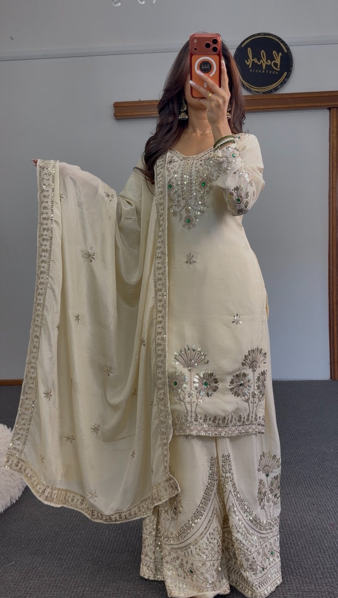 Ivory palazzo suit set with silver sequin embroidery and green stone accents, matching dupatta and wide-leg palazzo — Behuli